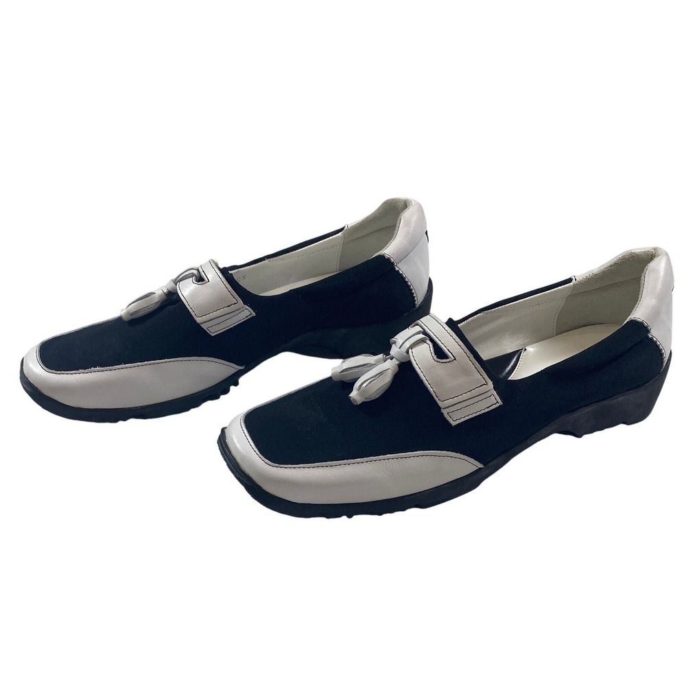 Walter Genuin Italy Black White Canvas Leather Tassel Loafers Golf‎ Shoes 40.5